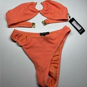 Nasty Gal Textured Coral Bikini Set with Gold Accents